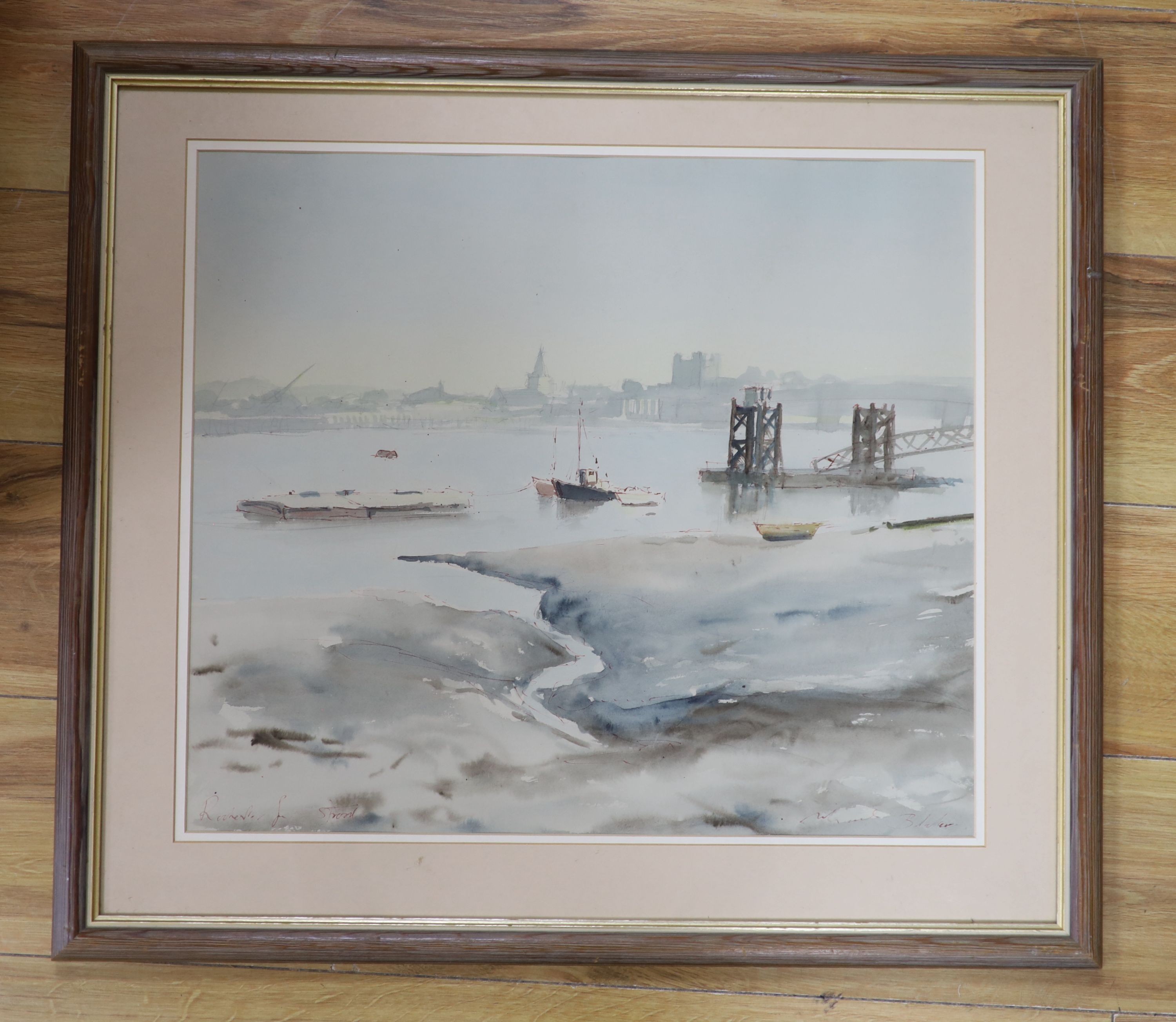 Michael Blaker, ink and watercolour, Rochester from Strood, signed, 42 x 48cm